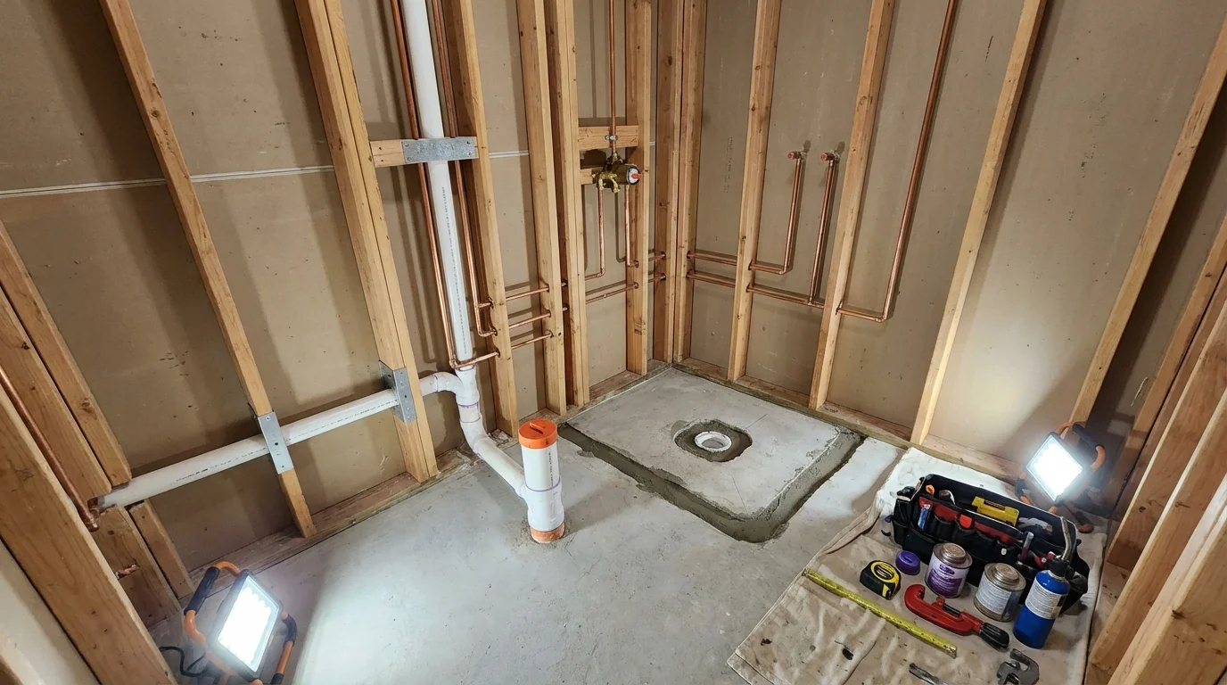 Bathroom rough-in plumbing during remodel by Johns Plumbing LLC in Olla