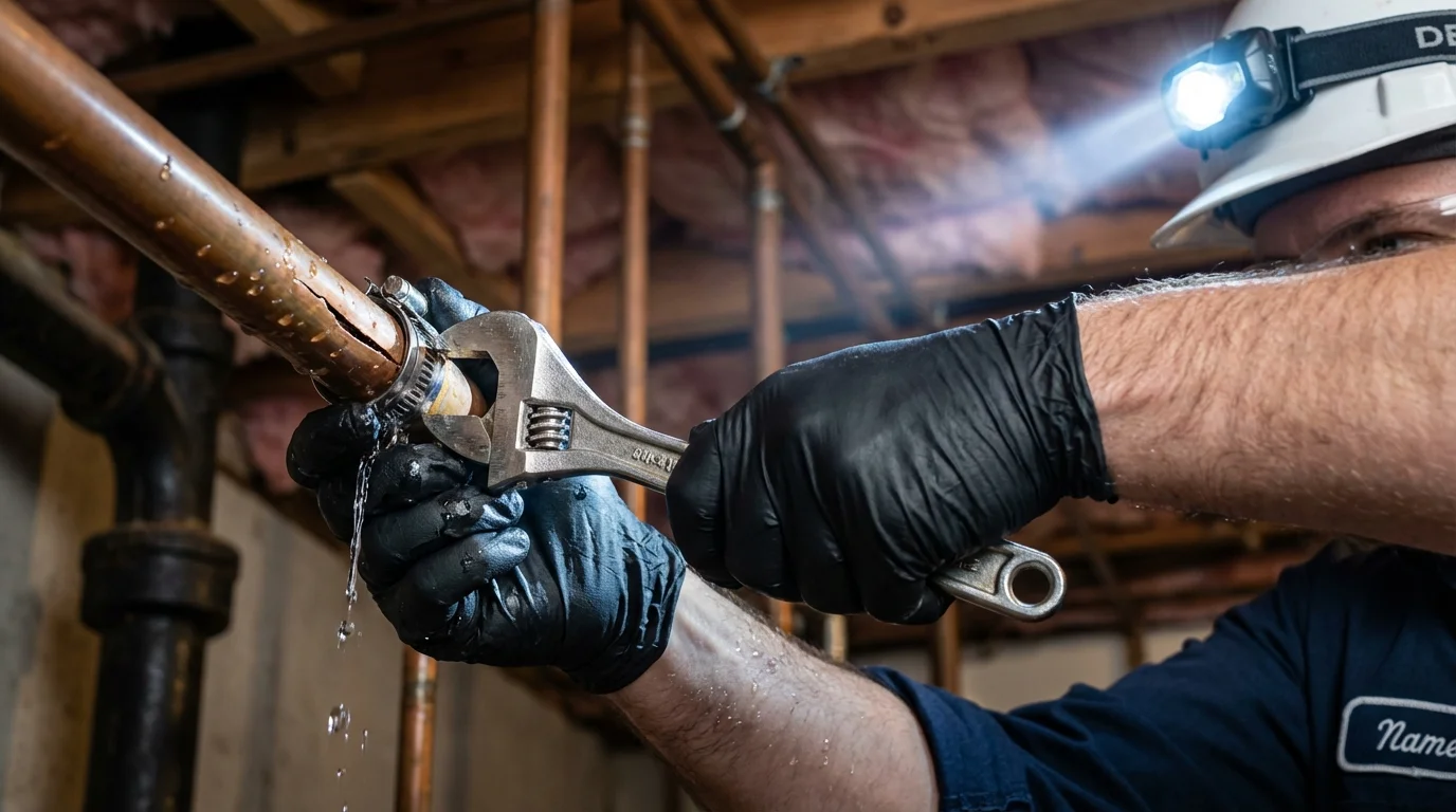 Emergency pipe clamp repair being performed by a Johns Plumbing LLC plumber in Olla