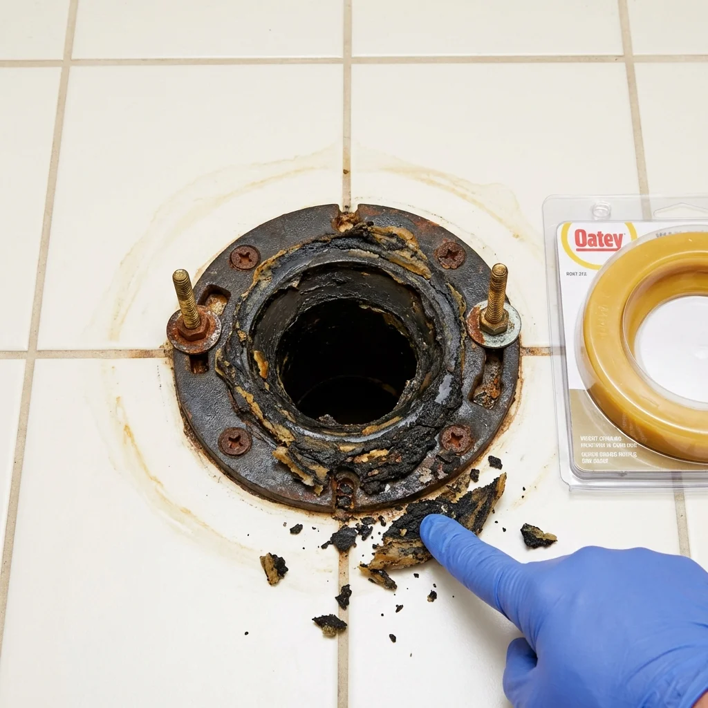 Failed wax ring showing water seepage at the base of a toilet in a Olla, LA home