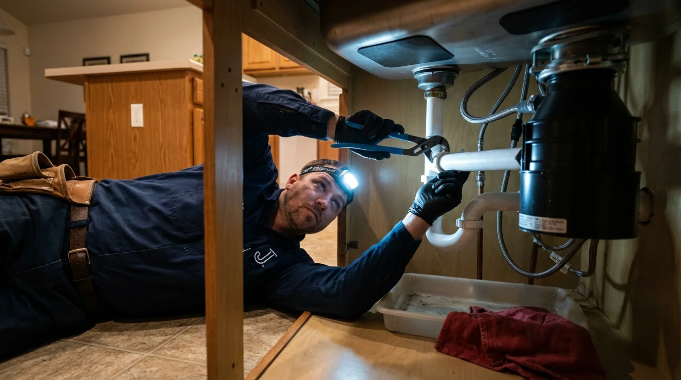 P-trap and supply line connections under a kitchen sink showing a common leak point in Olla, LA